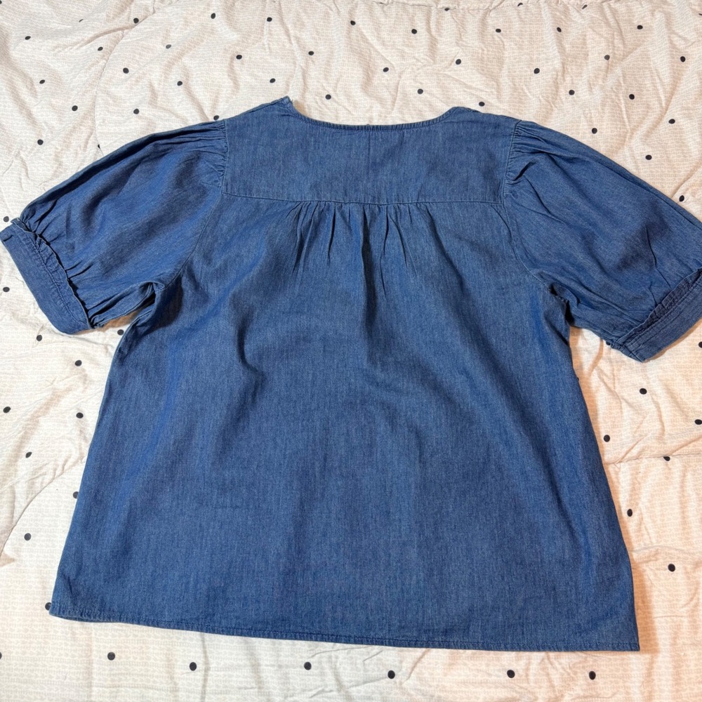 Draper James Womens‎ Blue Chambray V-Neck Puff Sleeve Blouse Top Large NWT - Picture 6 of 7